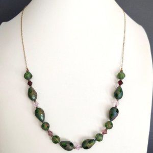 Green glass necklace with pink glass accents
